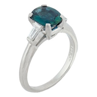 1950s Mid Century Gia 1.88 No Heat Teal Sapphire Diamond Platinum Engagement Ring, Size 6.75 For Sale