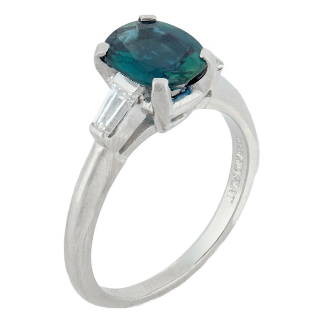 1950s Mid Century Gia 1.88 No Heat Teal Sapphire Diamond Platinum Engagement Ring, Size 6.75 For Sale
