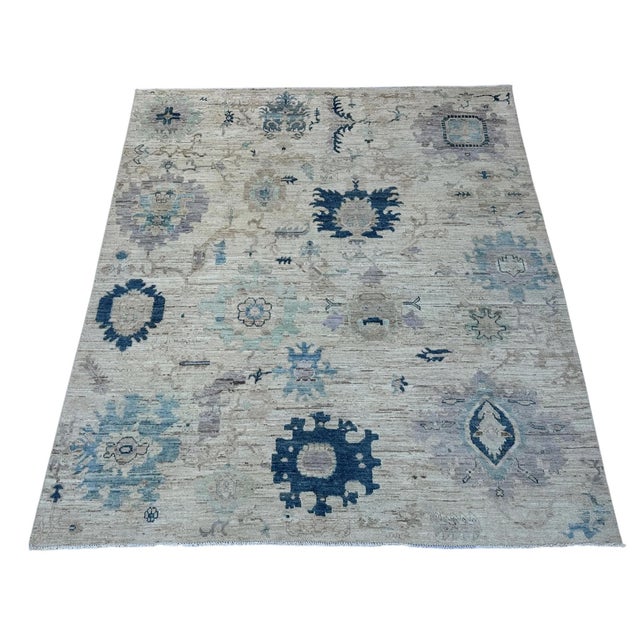 Art Deco Handmade Oushak Style Blue and Ivory Floral Rug For Sale - Image 3 of 6