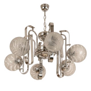 Space Age Polished Chromium with Six Murano-Opaline Glass Globes Chandelier by Mazzega, 1970s For Sale