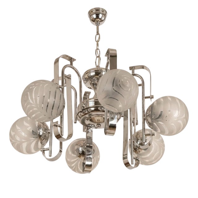 Space Age Polished Chromium with Six Murano-Opaline Glass Globes Chandelier by Mazzega, 1970s For Sale