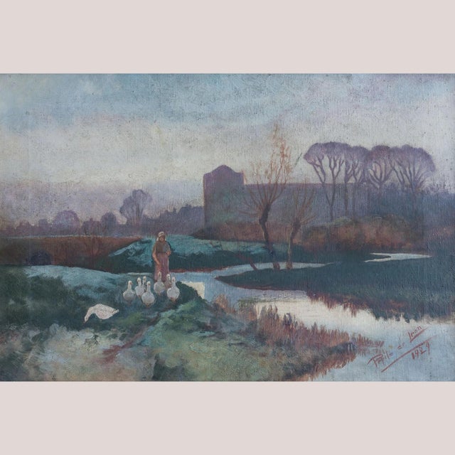 After Barbizon School, Lady Tending a Flock of Geese at Dusk or Dawn, 1920s, Oil on Canvas For Sale - Image 8 of 8