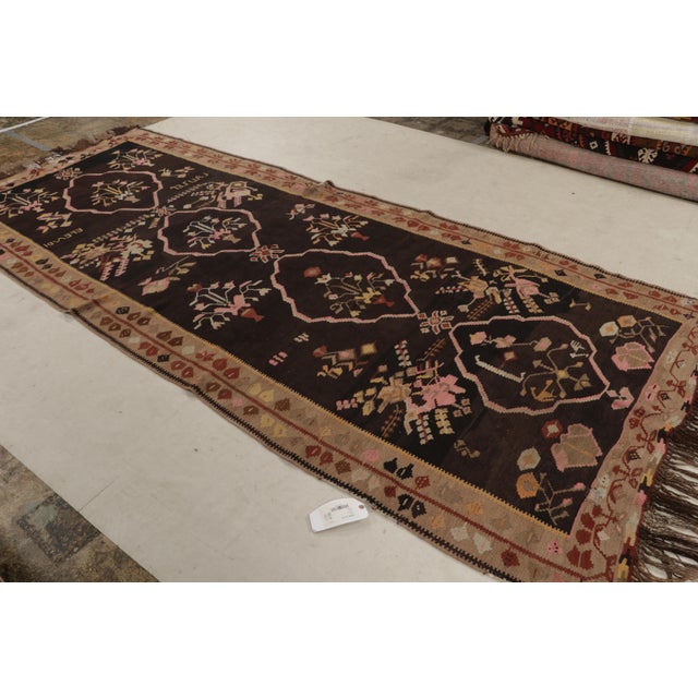 Transitional Handwoven Mid-Century Vintage Bessarabian Kilim Rug in Beige Brown Floral Pattern For Sale - Image 3 of 9