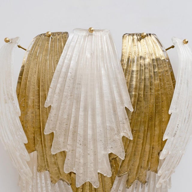 Metal Art Deco Italian Murano Glass and Brass Leaf Wall Sconce, 2000s, Set of 2 For Sale - Image 7 of 11