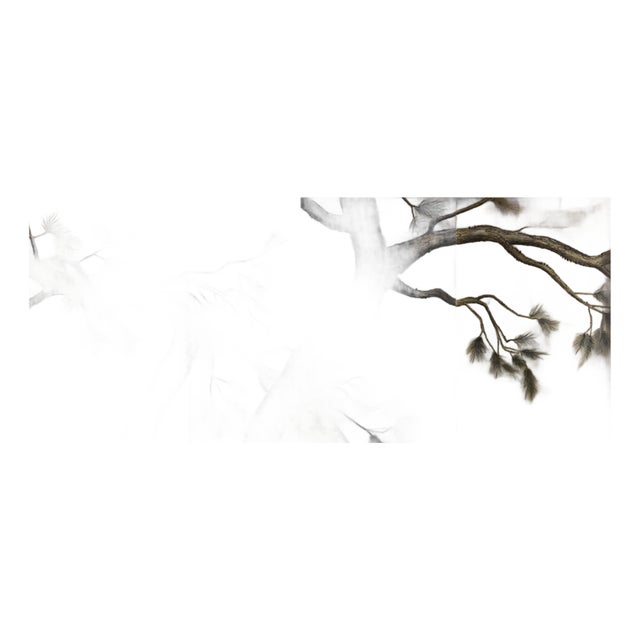 Gold Leaf Chinoiserie Hand-Painted Black Ink Pine Tree Wall Panels (Set of 4) For Sale