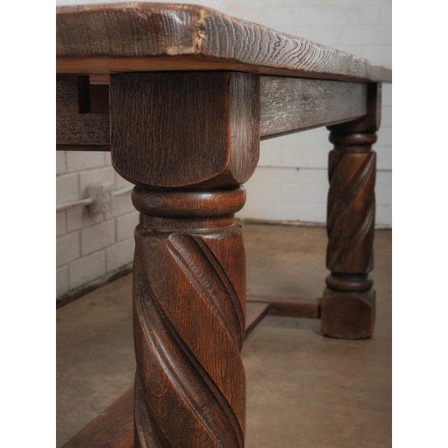 Early 20th Century Antique Solid Oak Dining Table With Barley Twist Legs and Stretcher Base For Sale - Image 5 of 6