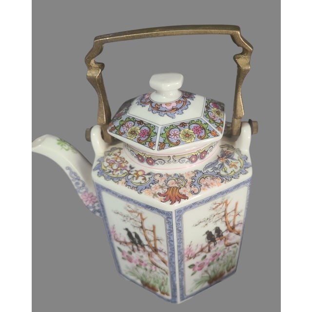 Vintage Japanese Hand Painted Floral, Birds Teapot Brass Handle on Warmer Stand For Sale - Image 6 of 11