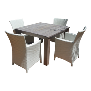 1990s Kingsley Bate Tuscany Outdoor Teak Square Dining Table & 4 Vieques White Wicker Arm Chairs