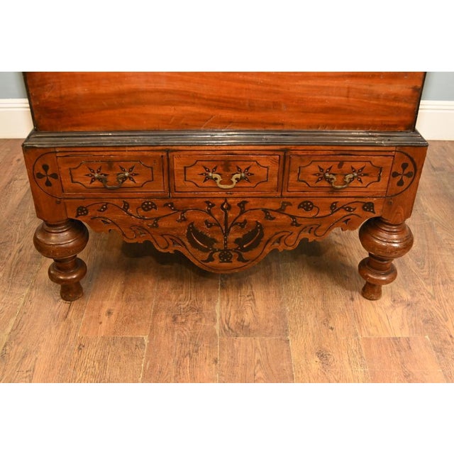 Unusual Portuguese wooden linen trunk or marriage chest, featuring attractive dark wood inlay and decorative brass...