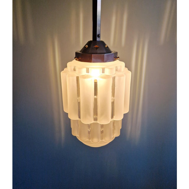 Metal Art Deco Skyscraper Pendant Light in Frosted Glass, 1930s For Sale - Image 7 of 12