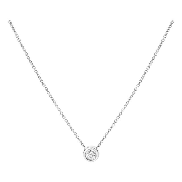 10K White Gold 1/10 Carat Round Brilliant-Cut Diamond Modern Bezel-Set Solitaire 16"-18" Pendant Necklace (H-I Color, SI2-I1 Clarity) For Sale
