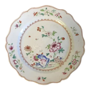 Antique 18th Century Chinese Export Porcelain Plate Decorated with Bird and Peonies in Famille Rose