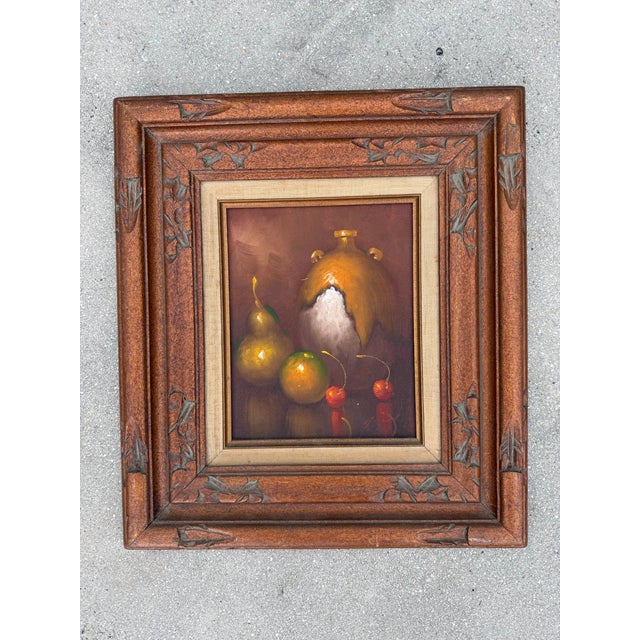 Traditional Vintage Mexican Hand-Carved Wood Frame With Signed Original Still Life Oil Painting For Sale - Image 3 of 8