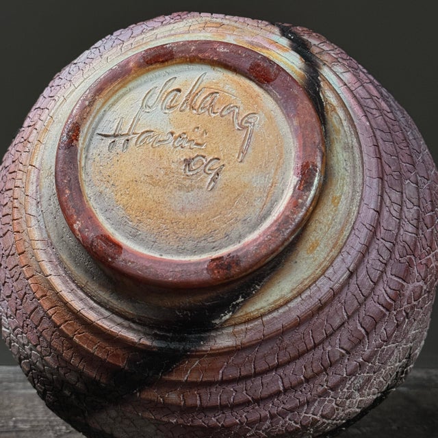 Vintage Postmodern Raku Fired Crackle Skin Ceramic Vessel, Signed For Sale - Image 11 of 11