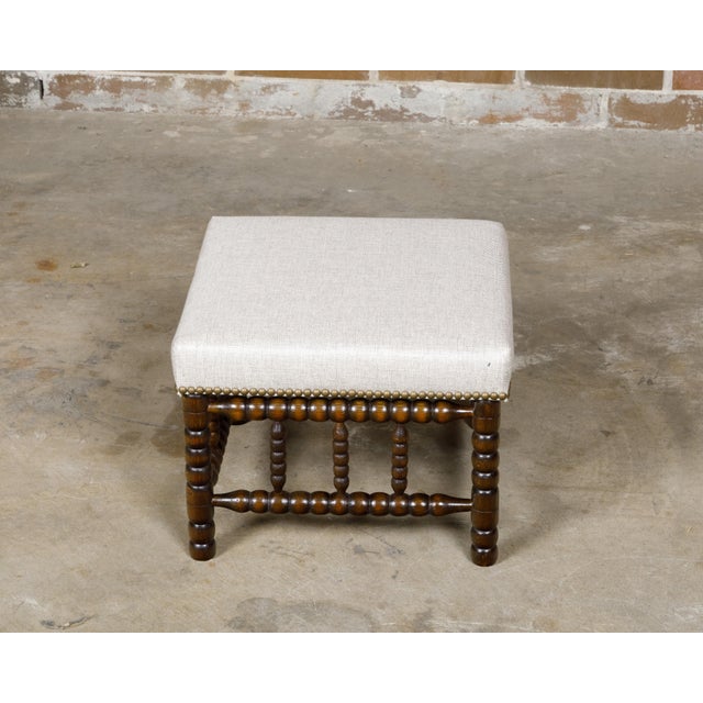 19th Century English Turned Bobbin Legs Stool with Linen Upholstery For Sale - Image 9 of 10