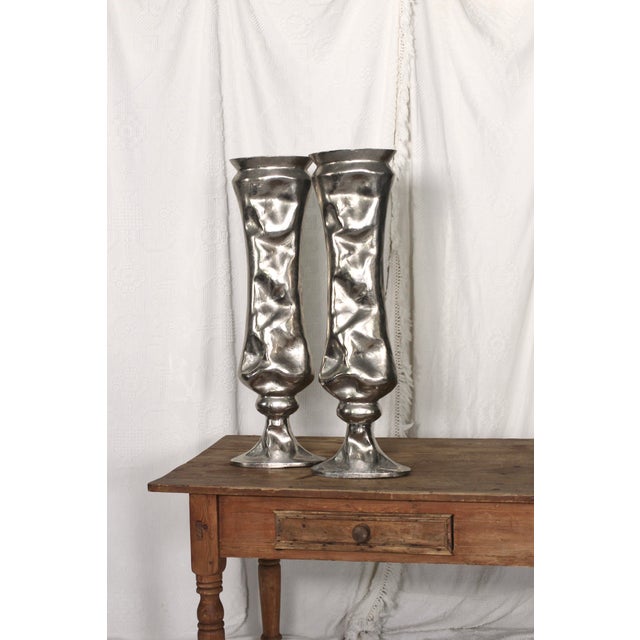 1990s Large Pair of Crumpled Metal Pedestal Vases For Sale - Image 4 of 10