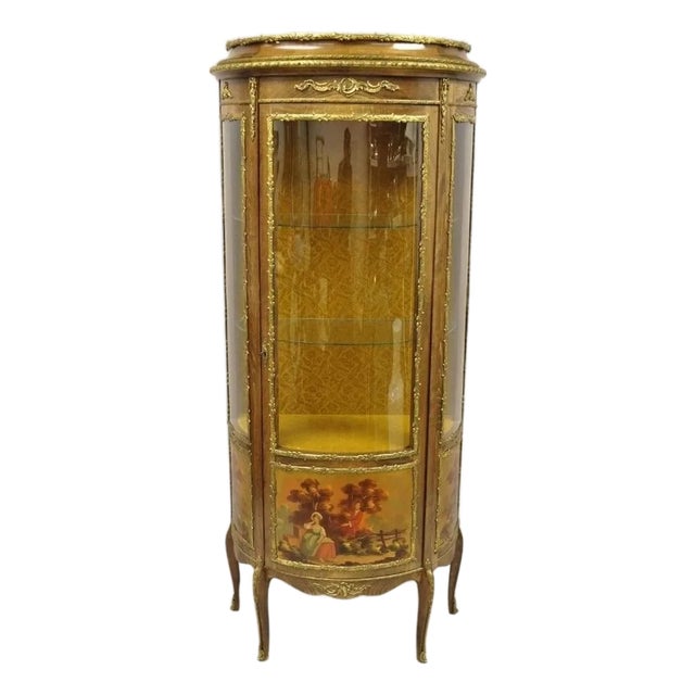 Vintage French Louis XV Style Half Round Demilune Lighted Curio Display Cabinet For Sale