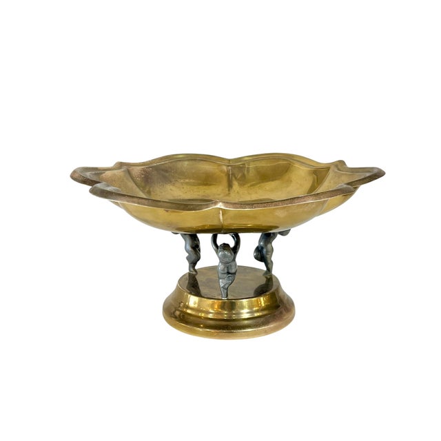 Vintage Hollywood Regency Quatrefoil Shape Brass Bowl With Cupid or Putti Base For Sale - Image 9 of 12