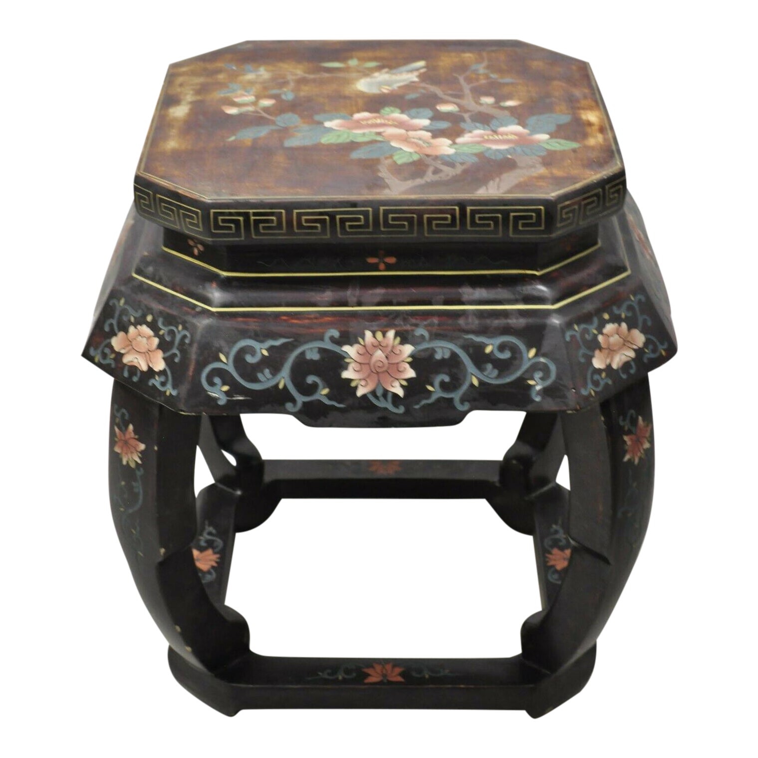 Vintage Chinese Pedestal Plant Stand Black Lacquer Bird Flower Painted
