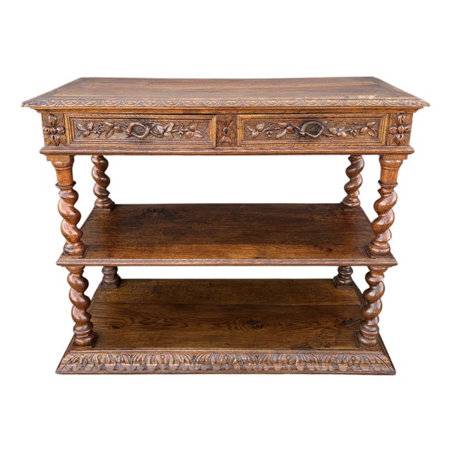 Carved Oak Barley Twist Console with Shelves, 1890s For Sale
