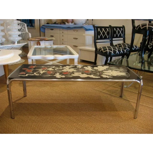 Abstract Vintage Floral Top Cocktail Table With Chrome Base, 1970's For Sale - Image 3 of 7