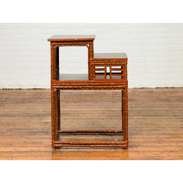 Vintage Lacquered Chinese Tiered Bamboo Lamp Table with Geometric Motifs For Sale - Image 4 of 13