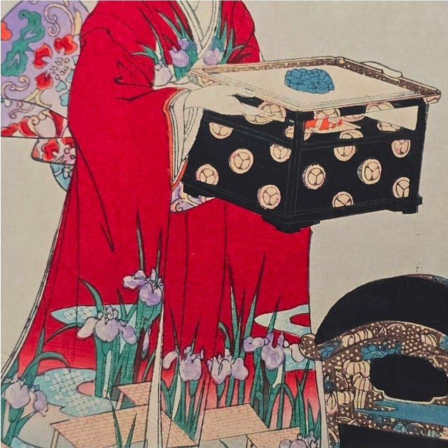 Toyohara Yōshū Chikanobu, Kimono Changing CeremonyTriptych, 1895, Glass, Wood and Paper For Sale - Image 10 of 18
