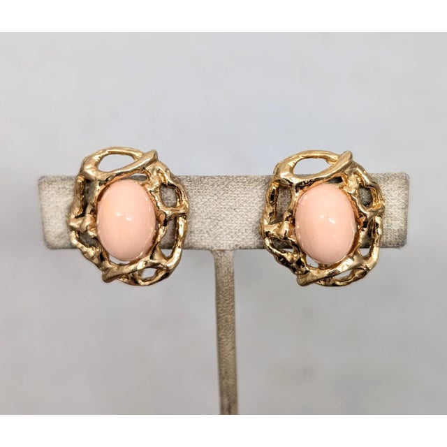 1970s Vintage 1973 Signed Napier Modernist Goldtone Faux-Coral Cabochon Clip Earrings - 2 Pieces For Sale - Image 5 of 7