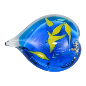 Murano Vintage Heart Shape Art Glass Paperweight Cobalt Blue, Yellow and Murine