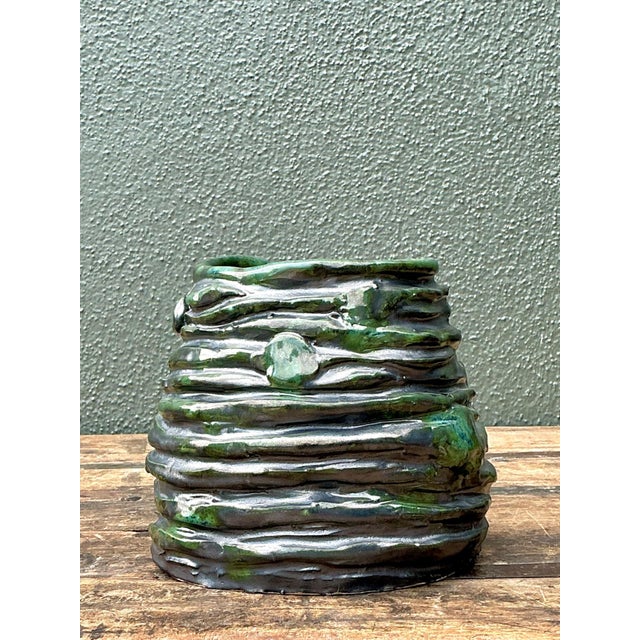 Vintage Abstract Green Glazed Ceramic Vase For Sale - Image 4 of 13