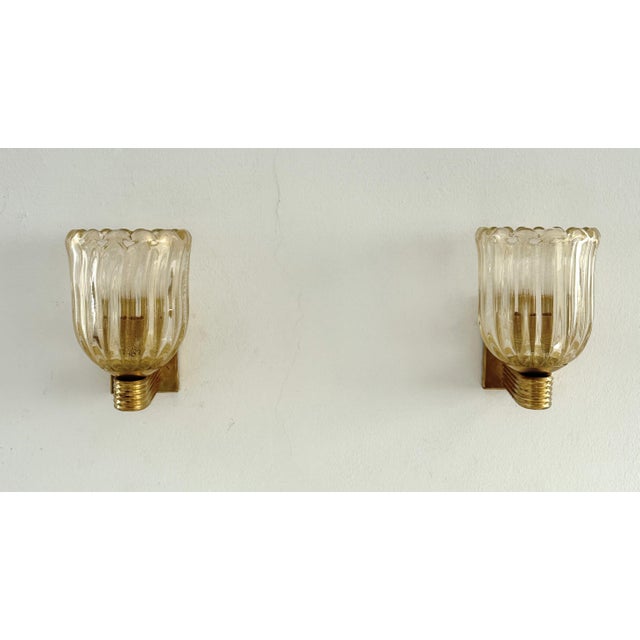 Art Deco Italian Murano Crystal Glass and Brass Wall Sconces, 1990s, Set of 2 For Sale - Image 3 of 14