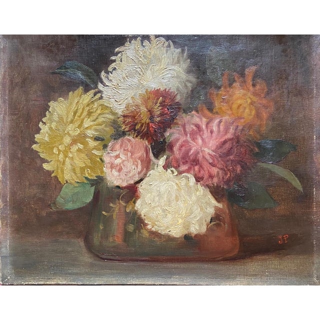 J.P., Still Life of a Vase of Dahlias, 1900, Oil Painting on Canvas For Sale - Image 10 of 10