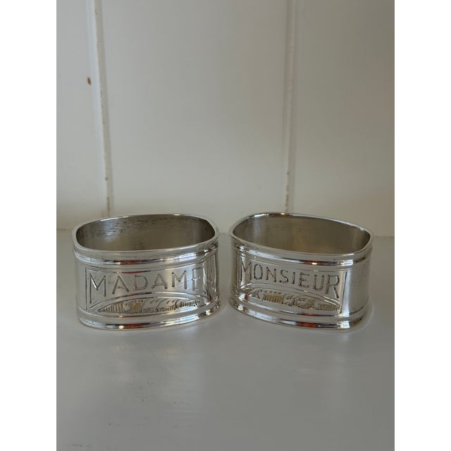 Silver Vintage Art Deco French Silverplate “Madame & Monsieur” Napkin Rings, Pair For Sale - Image 8 of 9