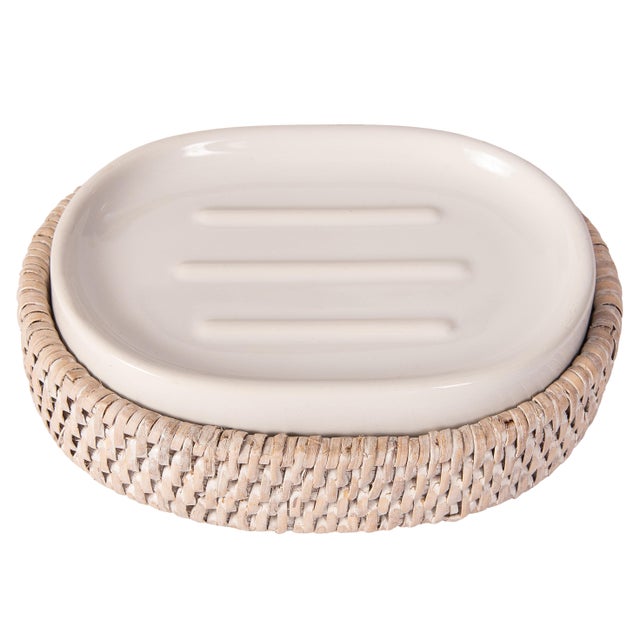 Presenting our Rattan Soap Dish with Ceramic Insert, an elegant way to display your favorite soaps with a coastal flair....