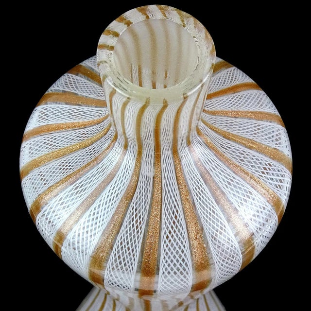 Vintage Fratelli Toso Murano Copper Aventurine White Ribbons Italian Art Glass Corset Hourglass Vase For Sale In Orlando - Image 6 of 7