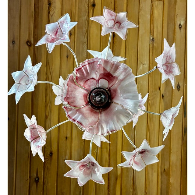 1980s Murano Style Pink Glass Floral Chandelier With White Frame For Sale - Image 10 of 11
