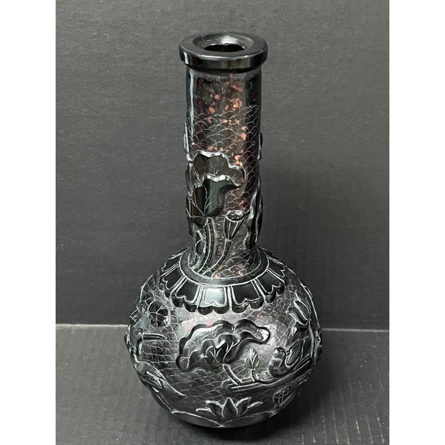 Chinese Art Dark Brown Peking Glass Overlay Bottle Neck Vase With Bird and Floral Design For Sale - Image 9 of 10