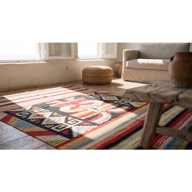 Textile 1940s Multicolor Figure Striped Zapotec Antique Mexican Knotted Rug 4' 5"x 6' 2" Wool Carpet For Sale - Image 7 of 9