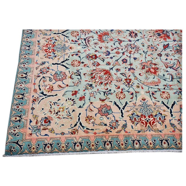 Red Antique Persian Tabriz Emad Wool 9X12 Red, Mint Green & Pink Handmade Area Rug #9902603 For Sale - Image 8 of 9