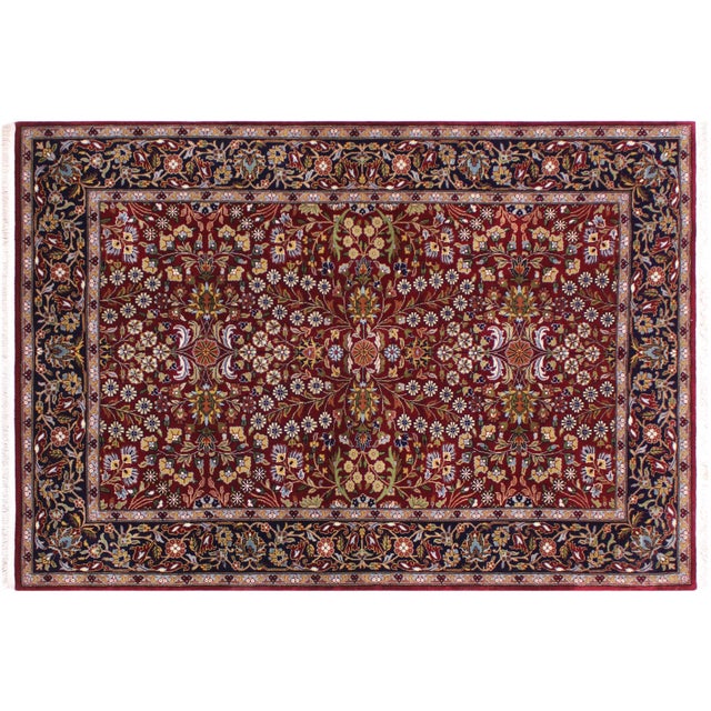 Turkish Antique Hereke Red Blue Wool & Silk Rug - 4'0''x6'0'' For Sale - Image 9 of 10