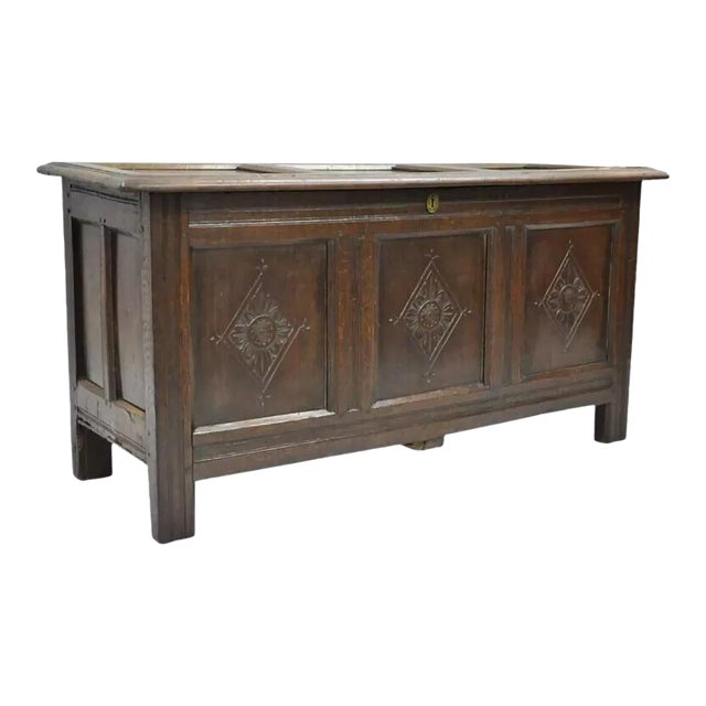 19th C. European Renaissance 3 Panel Solid Oak Wood Coffer Blanket Chest Trunk For Sale