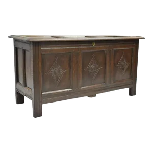 19th C. European Renaissance 3 Panel Solid Oak Wood Coffer Blanket Chest Trunk
