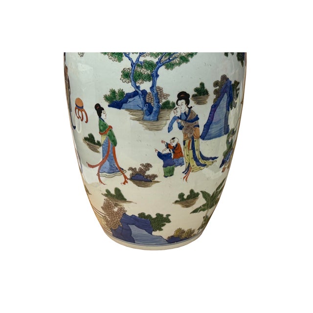 Oriental Color Family Gathering Graphic White Base Porcelain Jar For Sale - Image 17 of 18