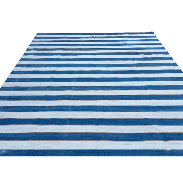 Sky Blue Handmade Cotton Striped Rug, Blue, White and Orange Striped Dhurrie - 9'x12' For Sale - Image 8 of 10