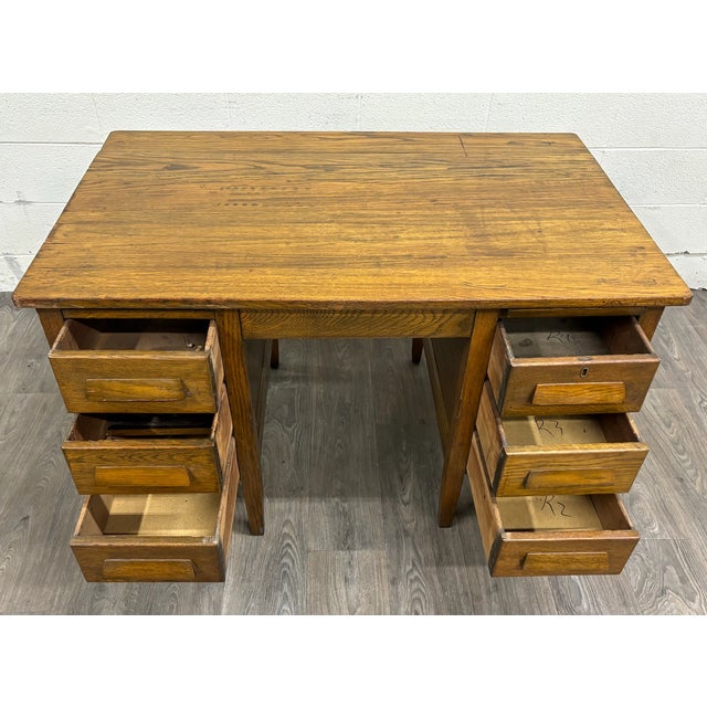 Vintage Arts & Crafts Mission Oak Pedestal Teacher Desk Office Desk Library Desk For Sale - Image 10 of 14