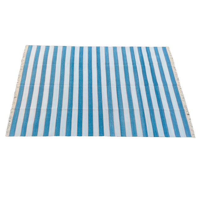 Casa Cosima Handmade Cotton Area Rug, Natural Vegetable Dyed, Blue and Orange Striped Rug - 8'x10' For Sale - Image 4 of 11
