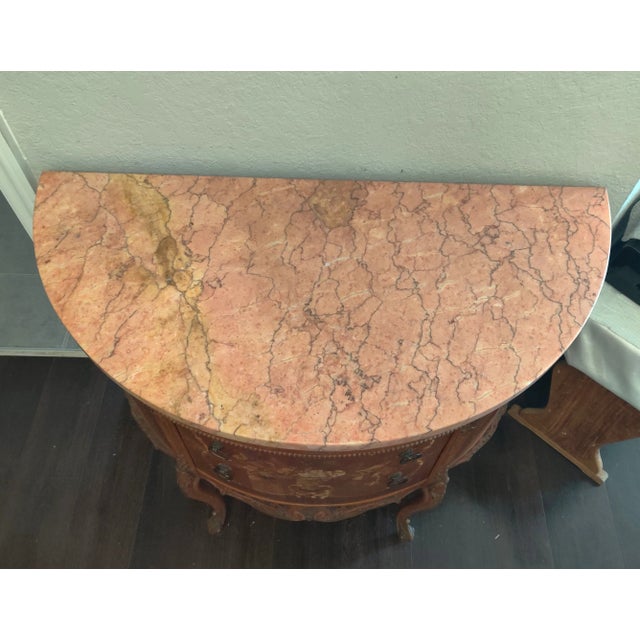 Chestnut Antique French Louis XV Style Demi Lune Commode With Marble Top For Sale - Image 8 of 12
