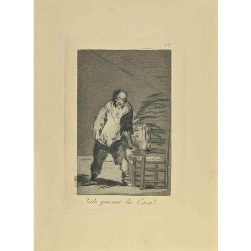 Quema La Casa is a black and White aquatint, drypoint, and etching printed in blue-black ink on laid paper from Caprichos...
