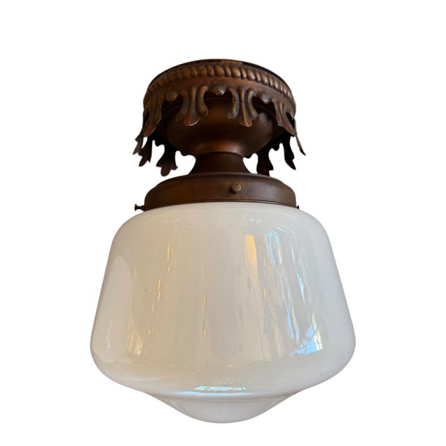 1930s Opaline Art Glass Flushmount Ceiling Lights With Ornate Canopies - a Pair For Sale In Los Angeles - Image 6 of 8