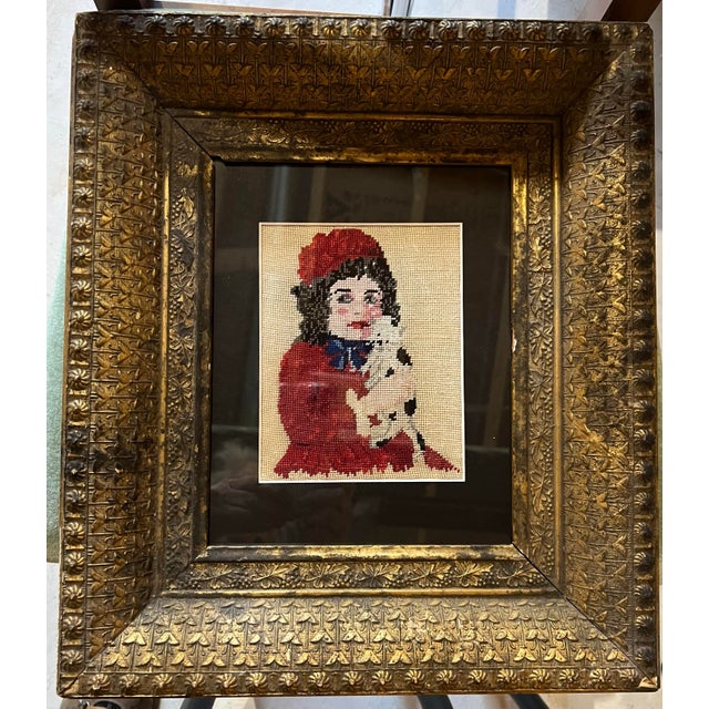 Victorian Antique Framed Needlework of Child With Cat For Sale - Image 3 of 9